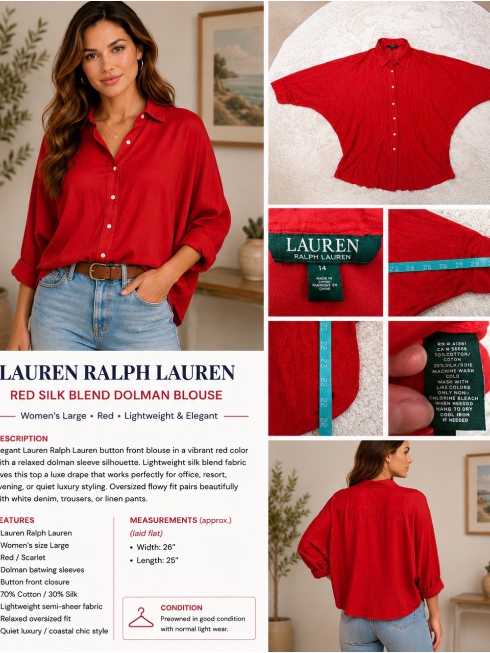 Lauren Ralph Lauren Red Silk Blend Dolman Button Front Blouse Top 14